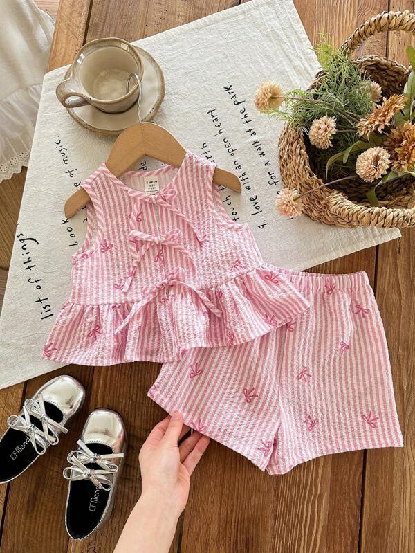 SHEIN LMoss Kids Conjunto de niña bebé de top sin mangas rosa y blanco a rayas con lazo y shorts de cintura elástica para verano
