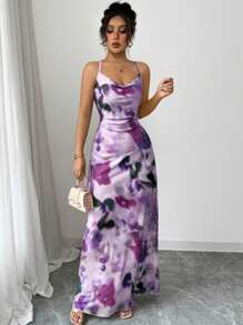 Selianne 女式褶领印花吊带长裙 - 紫色 - 查看 6