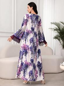 Lacomfia Vestido acampanado de estilo árabe para mujeres de primavera y verano con escote en forma de corazón, ribete de encaje y bajo con volantes, modesto - Multicolor - Ver 2