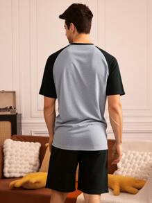 Casual Basic Raglan Sleeve Black & Grey Contrast Men's Pajama Set - Multicolor - View 2