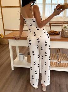 Dream Adore Damen Herz-Strick-Bedruckter Träger-Oberteil und Hose Schlafanzug Set, bequeme Lässig Kleidung für alle Jahreszeiten