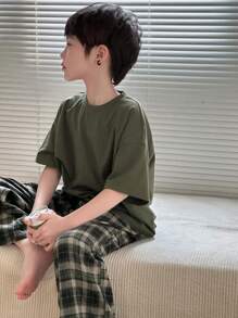 Dazy Kids Tween Boys Knit Round Neck Short Sleeve T-Shirt + Plaid Long Pants Homewear Set, Spring/Summer,Back To School Clothes - Dark Green - View 6