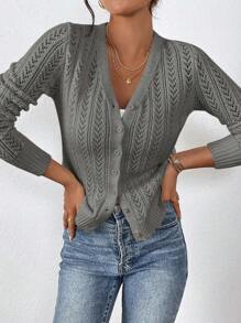 SHEIN Frenchy Women's Casual Everyday Solid Color Hollow Knit Cardigan Fall Clothes For Women,Tops For School Winter - Grey - View 6