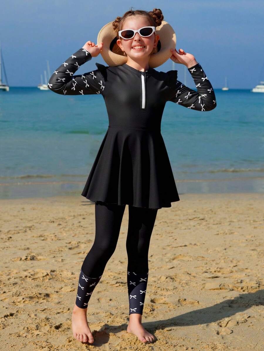 SHEIN Tween Girls Tankinis - White Bow Print & Solid Black 2pcs Set, Long Sleeve Cropped Tankini Top & Long Pants, Casual & Fashionable, Suitable For Vacation & Swimming
