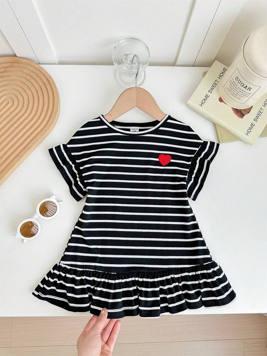 SHEIN Babygirl Cute Striped Heart Print Short Sleeve Knitted Dress, Spring/Summer - Black and White - View 1