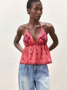 Maija Camiseta sin espalda con cuello halter de color rosa para mujer, casual, para vacaciones de verano, con diseño de estampado de moda - Rosa - Ver 4