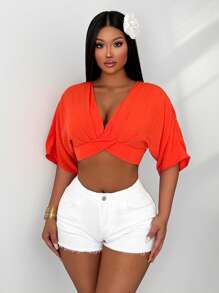 Zolique Women's Solid Color Short Sexy Backless Batwing Sleeve Shirt - Orange - View 1