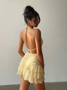 Aloruh Vestido Mini Sexy com Decote Halter e Costas Abertas, Cor Sólida - Amarelo - Visão 2