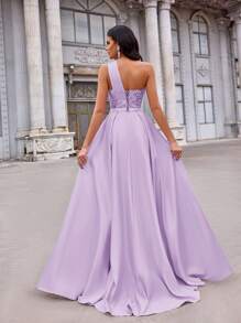 Aureia Elegant, Romantic, Sophisticated, Sexy Satin Sequin Patchwork Asymmetric Shoulder, Open Shoulder, Ruched, High Slit, Tie Up Design Party, Wedding, Formal Gown, For Evening, Wedding Guest - Mauve Purple - View 3