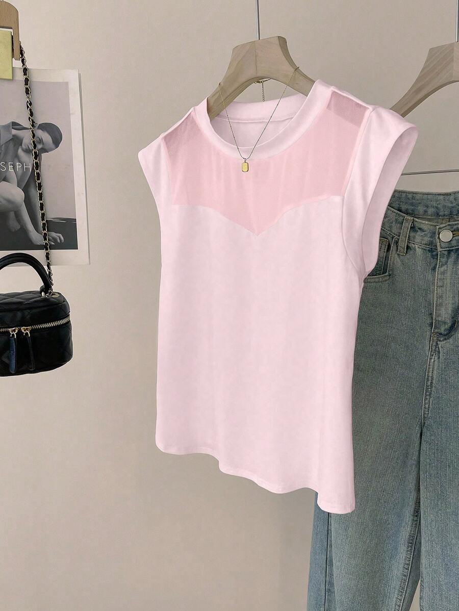 Chiquease 法式性感透明网眼拼接短袖T恤女款，夏季 - 淺粉色 - 查看 1