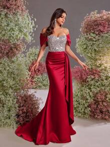 Glamrae Váy dài đuôi cá xẻ tà bằng vải satin đính hạt đàn hồi màu bạc sang trọng, thanh lịch, sang trọng trễ vai, viền xếp nếp, thích hợp cho đám cưới, tiệc tùng, câu lạc bộ, ngày lễ, váy dạ hội (được trang trí nhiều chi tiết) - Đỏ - Xem 6