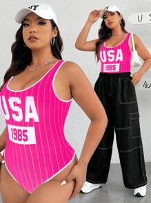 SHEIN EZwear 大码女式 7 月 4 日印花紧身衣 - 玫紅色 - 查看 5