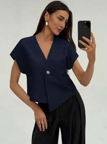 Aloruh Women Simple Single Button Batwing Sleeve Short Sleeve Shirt, Suitable For Commuting In Summer Navy Blue - Navy Blue - View 4