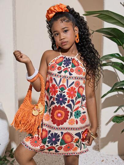 SHEIN Tween Girl Woven Ditsy Floral Pattern Sleeveless Shift Dress