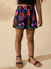 SHEIN Young Girl Heart Pattern Weaving Casual Shorts - Multicolor - View 5