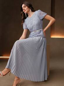 Anewsta Vestido largo elegante para mujer en azul empolvado con manga corta abullonada plisada, adornos florales, cintura ceñida, para invitada de boda, festival de verano y graduación - Azul - Ver 4