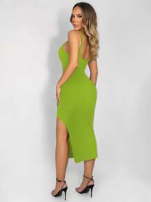 Sirith Seamless Knit Black Midi Dress With Built-In Figure-Flattering Jumpsuit - Lime Green - View 7