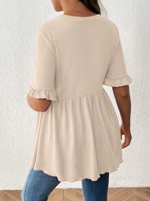 SHEIN Round Neck Ruffle Solid Color Casual Short Sleeve Nursing Top, Summer,Maternity Clothes,Maternity Clothes - Apricot - View 2