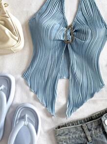 Soleia 休闲系带金属扣合身不对称下摆吊带背心 - 藍色 - 查看 4
