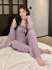 DAZY 3pcs/Set Wave Trim Decor Bowknot Camisole Top & Straight Hem Pants & Open Front Top Lounge Set, Cozy Outfits, Fall Winter Clothes - Purple - View 5