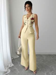 Elenzga Elegant Waist Cinched Mesh Embroidered Sleeveless Top And Pants Set, Cream Yellow, Suitable For Vacation And Commute