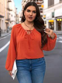 Blusa de manga farol de unicolor simple, talla grande, top de otoño - Naranja - Ver 4