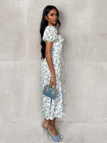 Glamine Women's Romantic Ditsy Floral Shirred Puff Sleeve Dress With Side Slit, Elegant Casual Vacation And Date Style, Suitable For Summer