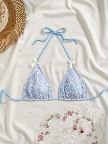 Swim Mod Women's Textured Halter Triangle Bikini Top, Summer Vacation - Blue - View 1