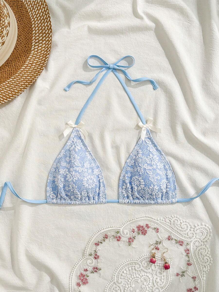 Swim Mod Women's Textured Halter Triangle Bikini Top, Summer Vacation - Blue - View 1