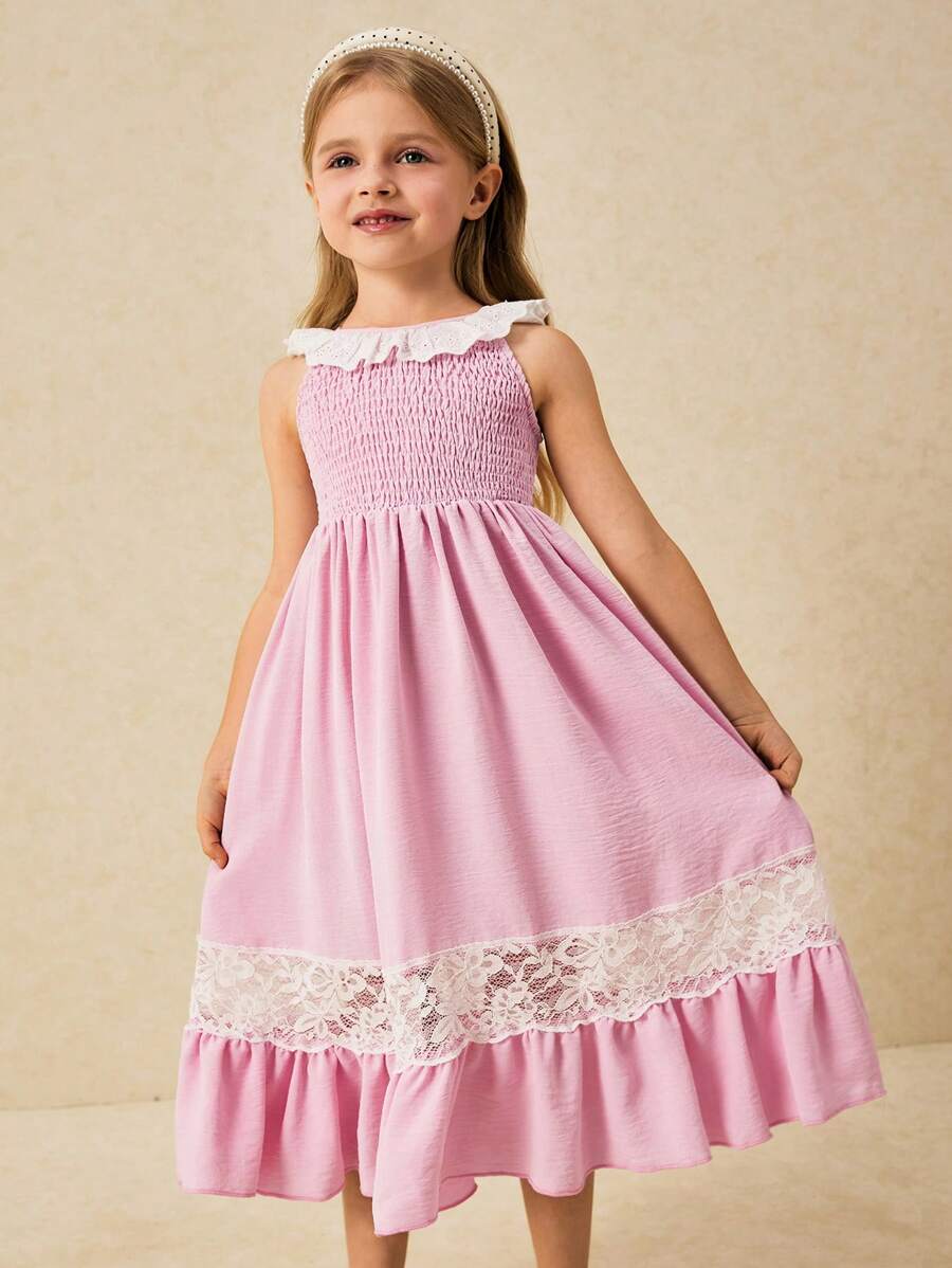 SHEIN Young Girls' Elegant Pink Ruffled Collar Sleeveless Dress - Pink - View 1