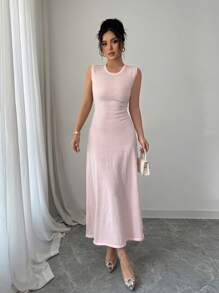 Selianne Fashionable Elegant Round Neck Sleeveless Rhinestone Decor Dress For Women - Pink - View 5