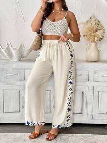 Breezaya Plus Size Women's Elegant Casual Boho Beachwear Pants,Beige Autumn Holiday Vacation Embroidered Waistband,Elastic Waist,Side Pockets Fall Cloth - White - View 6