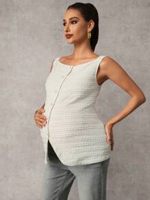 MaterniChic Elegant Plain Maternity Tank Top With Button Decor Summer Clothes - Apricot - View 6