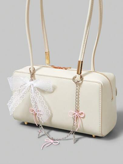 Kawaii 1pc Y2K Style Mother Of Pearl Cross, Pink Bow & Rhinestone Decor Chain Bag Pendant