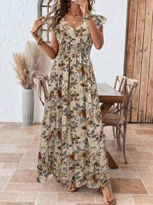 SHEIN LUNE Vestido largo informal de mujer con manga de tapeta, cintura con cordón ajustable, falda con volantes en el bajo y estampado de ubicación, perfecto para vacaciones