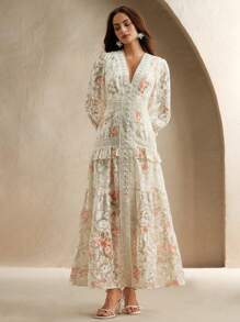 Anewsta Váy suông tay loe in hoa cổ chữ V ôm eo cho nữ, trang phục nghỉ dưỡng thanh lịch cho mùa xuân/hè, lễ hội, tốt nghiệp - Màu be - Xem 5