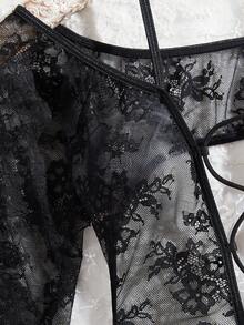 SHEIN Bộ đồ liền thân hở đáy không dây ren gợi cảm thanh lịch - màu đen - Xem 4