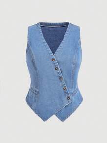 SHEIN MOD Plus Size Blue Denim Jacket Casual Vest Old Money Style Spring And Summer Denim Tops, Fall Women Clothes - Light Wash - View 1