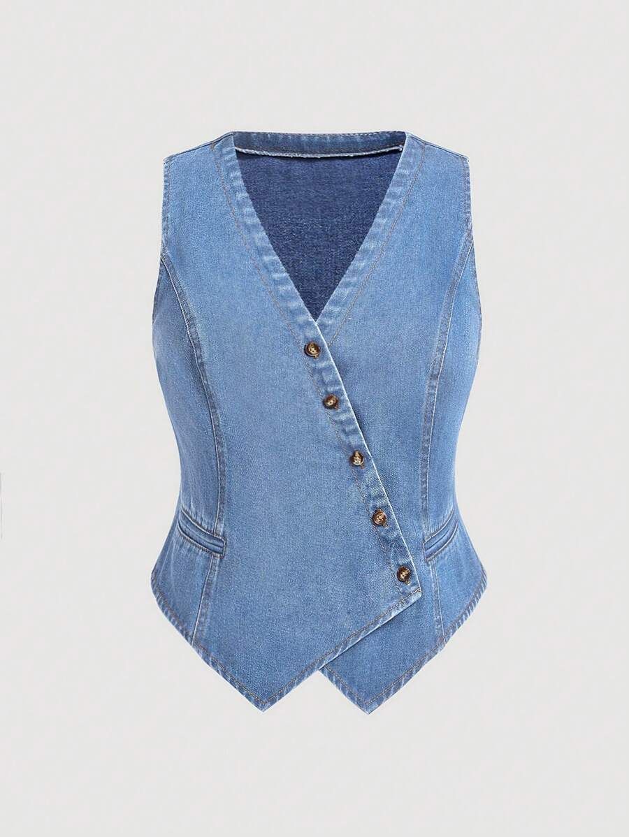 SHEIN MOD Plus Size Blue Denim Jacket Casual Vest Old Money Style Spring And Summer Denim Tops, Fall Women Clothes - Light Wash - View 1