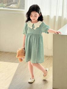 SHEIN 小女孩可爱拼色领泡泡袖连衣裙 - 彩色 - 查看 3