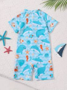 男童连体蓝鲨印花连体衣，户外沙滩游泳男童两件套泳衣套装，男童3-7岁沙滩装，男童儿童沙滩装 - 藍色 - 查看 3