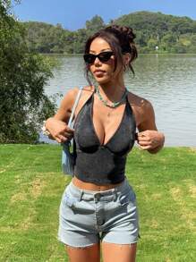 Muchica Summer Women Knitted Retro Vintage Distressed Acid-Washed V-Neck Halter Cropped Tank Top - Black - View 4