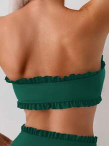 SHEIN Swim Women's Summer Beach Solid Color Ruffle Trim Bandeau Bikini Set With Front Knot, Two Pieces Swimwear Black Bathing Suits - Olive Green - View 5