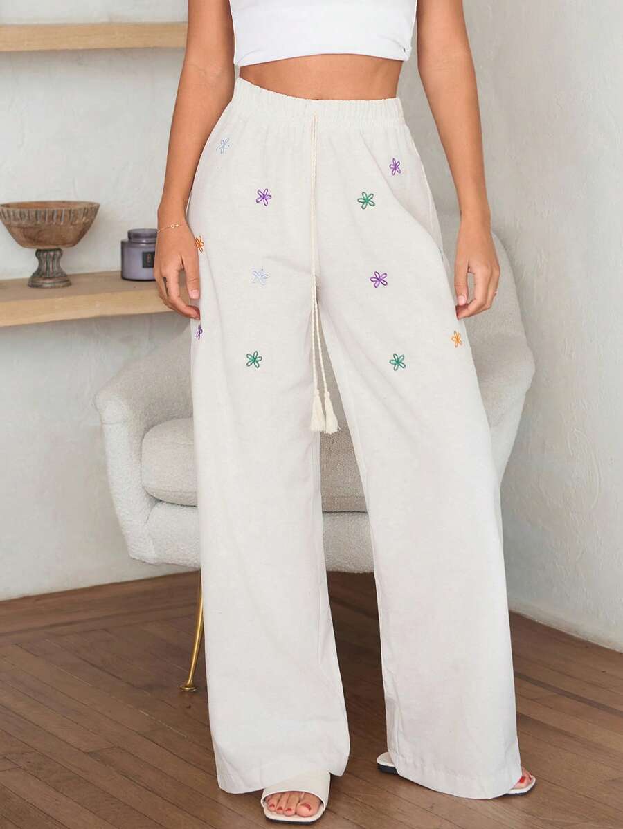 Cloudara Pantalones anchos de cintura alta con estilo de lino bordados "FRENCHY" - Cintura elástica, detalles florales bohemios en colores vibrantes