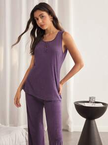 SHEIN 柔软亲肤休闲吊带上衣和裤子睡衣套装女士家居服套装 - 紫色 - 查看 4