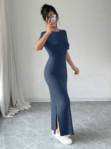 Selianne 女式V领开衩纯色短袖长裙女装 - 藏蓝色 - 查看 6