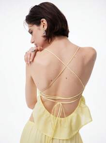 LYSMO 女士两件套露背上衣和裤子套装，适合日常穿着 - 黃色 - 查看 1