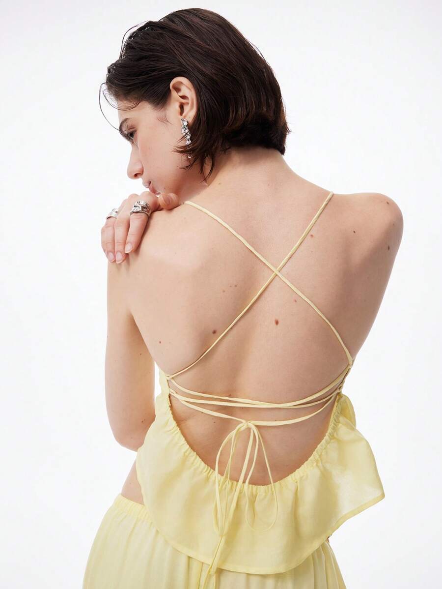 LYSMO 女士两件套露背上衣和裤子套装，适合日常穿着 - 黃色 - 查看 1