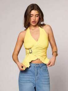 SHEIN BAE Women's Brown Irregular Hem Metal Buckle Decorated Sexy Women's Vest Is Suitable For Daily Outings, Commuting And Leisure, Afternoon Tea Parties,Summer Tops,Country Concert Outfit