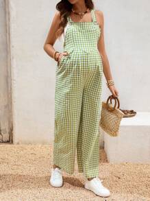 SHEIN Gasaul 度假格子阔腿孕妇连体裤 - 綠色 - 查看 5